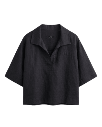 Box Fit Linen Polo - Kimono Inspired Black