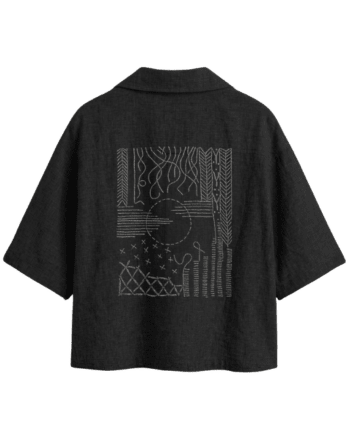 Box Fit Linen Polo - Kimono Inspired Black